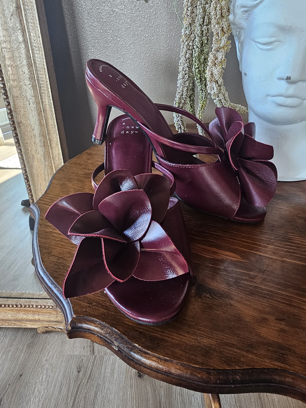 a new day Burgundy Floral Leather Slingback Heels